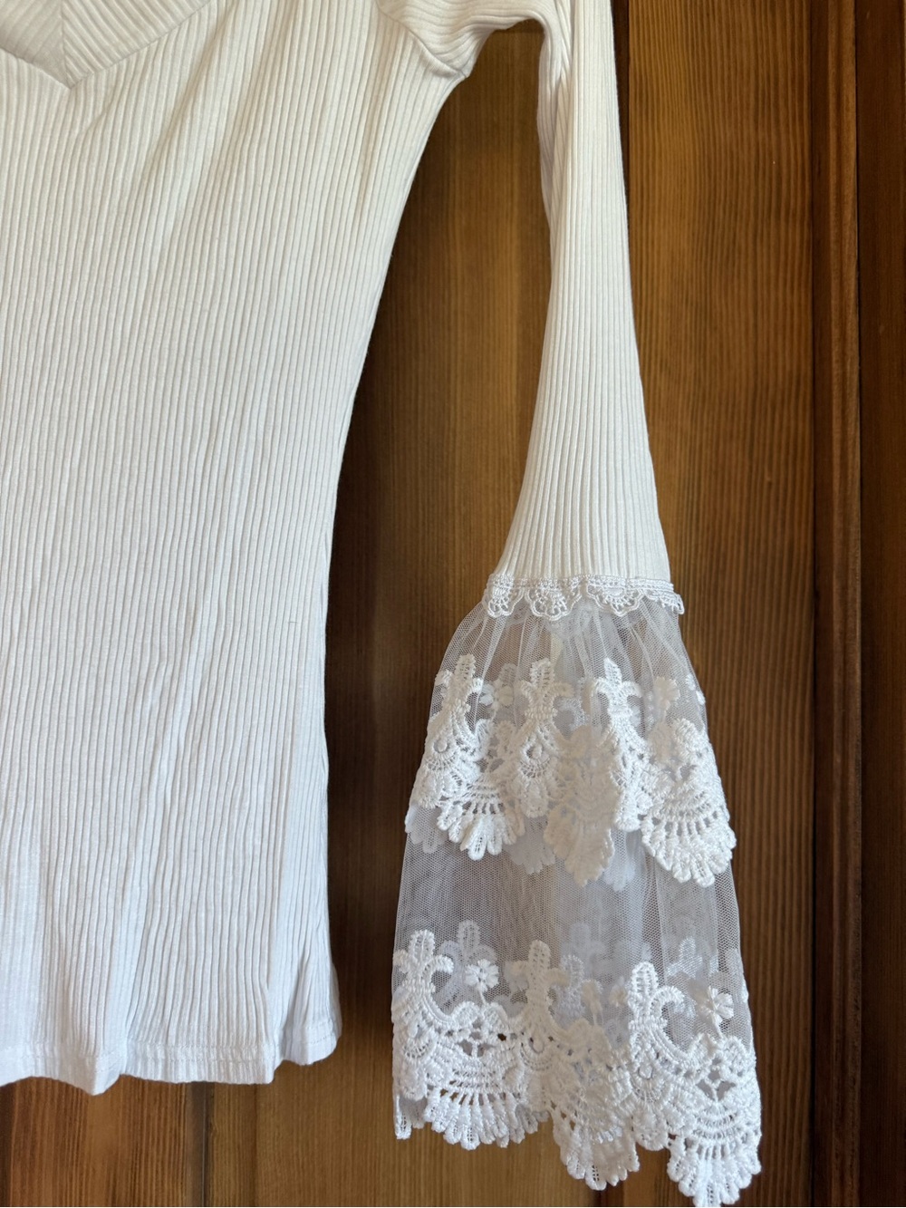 VENUS White Ribbed V-Neck Top with Lace Bell Sleeves - Picture 2 of 3